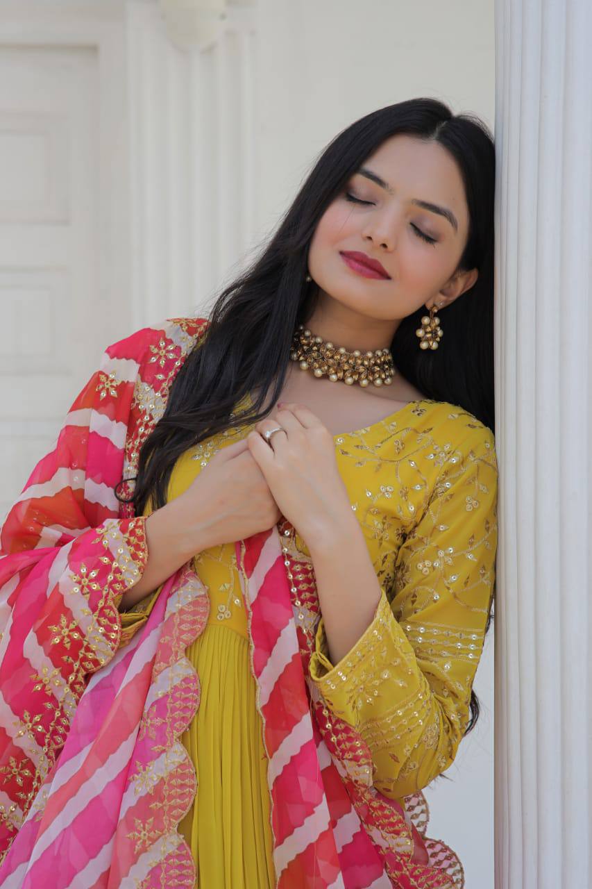 Embroidered Yellow Gown With Leheriya Print Dupatta
