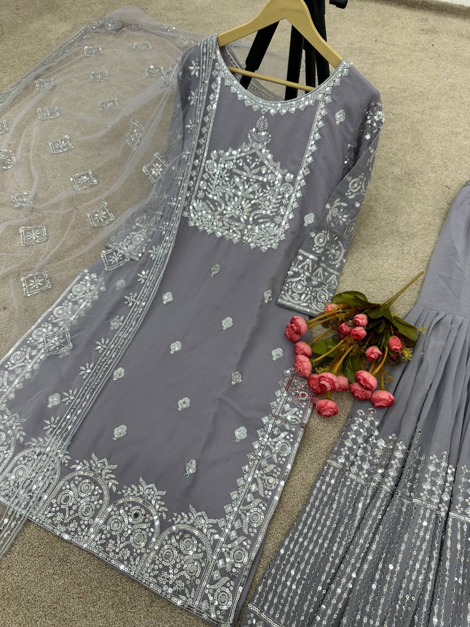 Shining Work Gray Color Sharara Suit