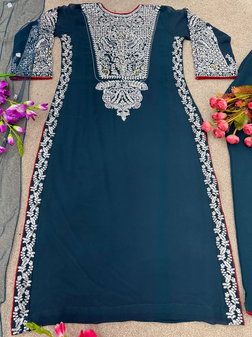 Pretty Teal Blue Embroidery Sequence Work Salwar Suit