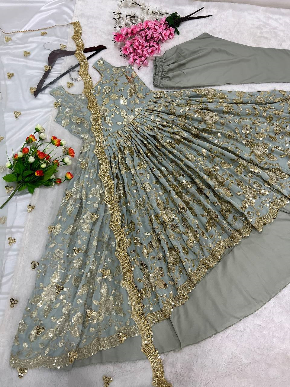 Exotic Gray Color Embroidery Work Long Short Gown