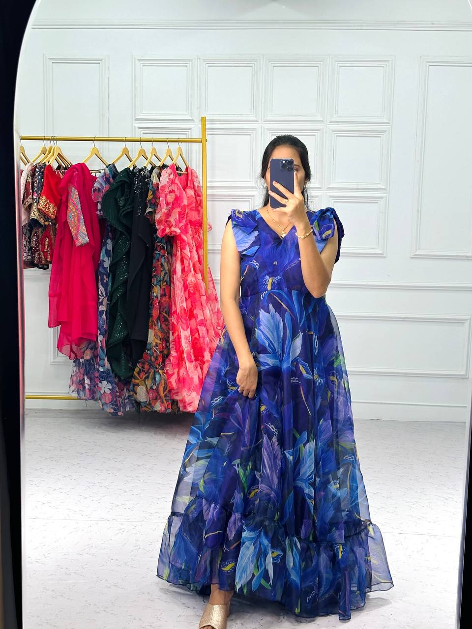 Fantastic Digital Print Blue Color Organza Gown