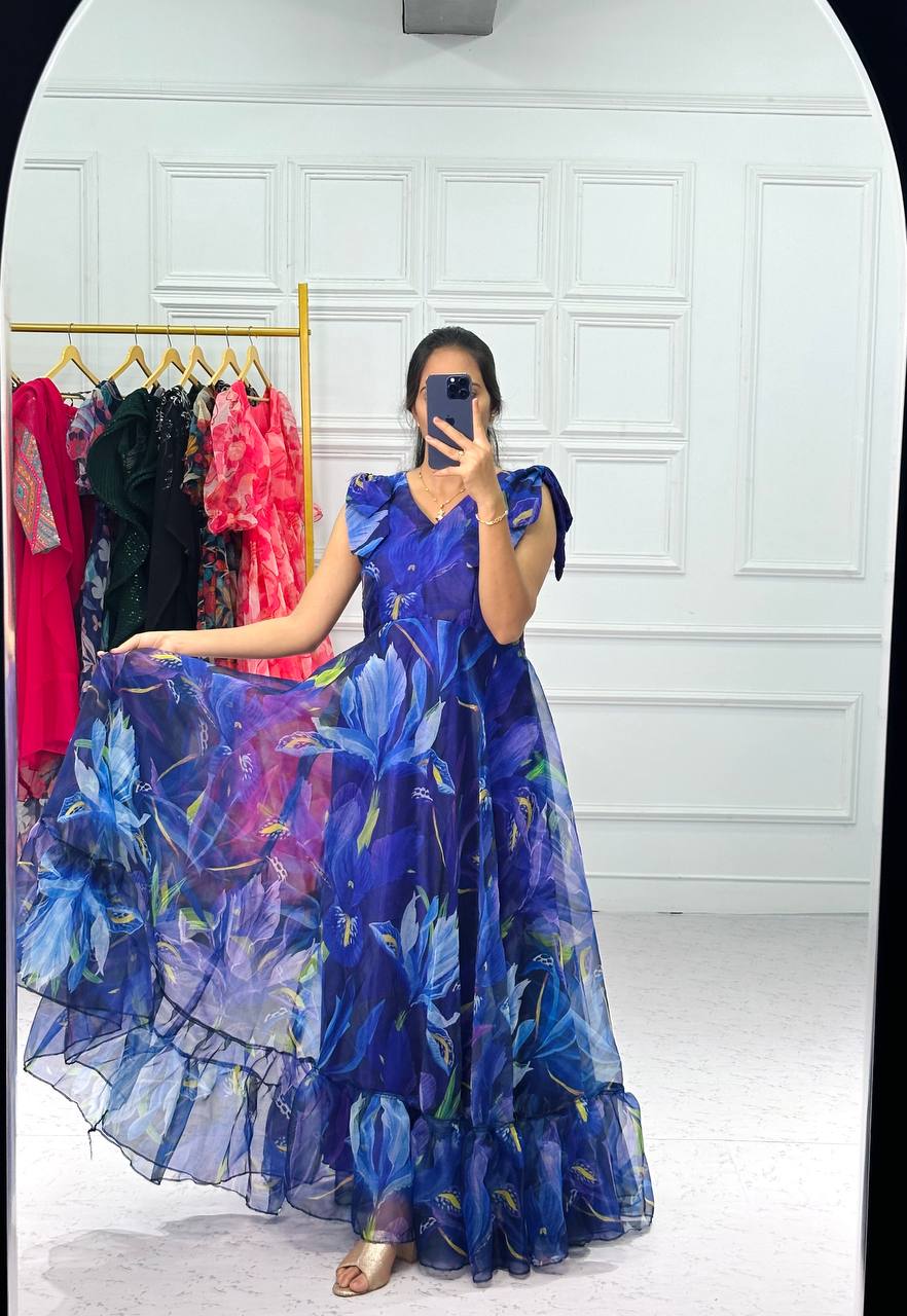 Fantastic Digital Print Blue Color Organza Gown