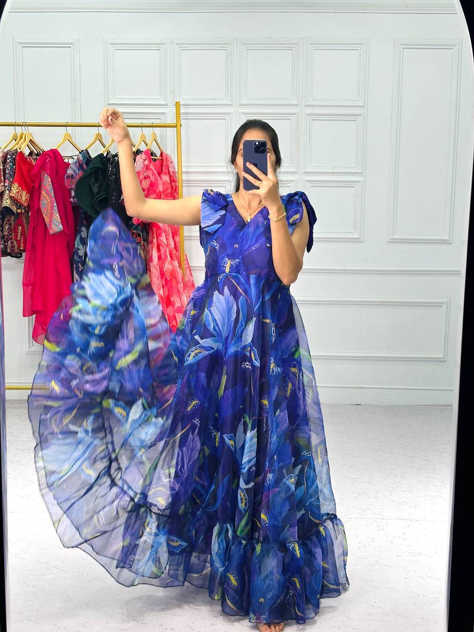 Fantastic Digital Print Blue Color Organza Gown