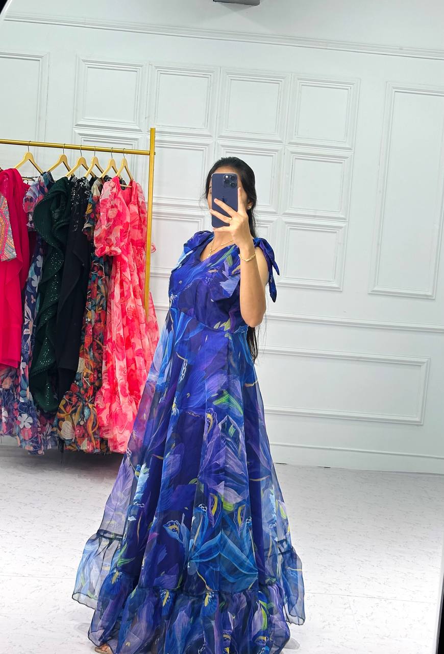 Fantastic Digital Print Blue Color Organza Gown