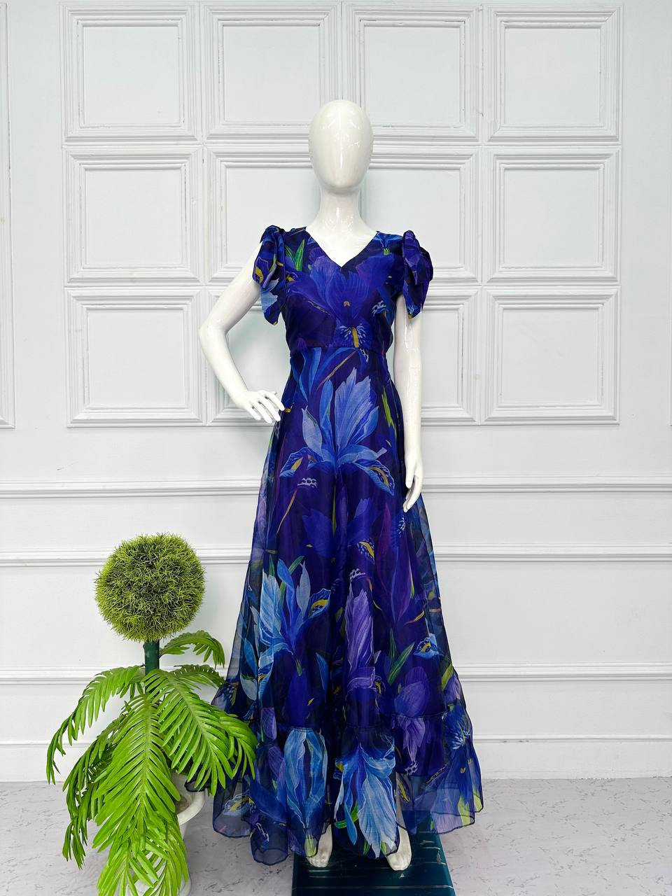 Fantastic Digital Print Blue Color Organza Gown