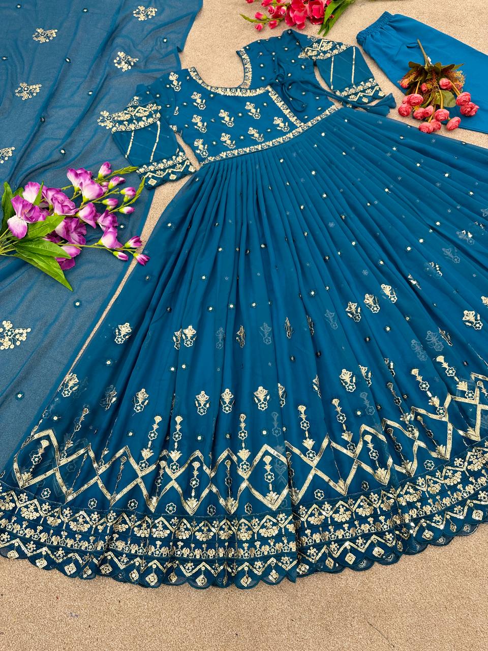 Trendy Teal Blue Color Embroidery Work Anarkali Gown