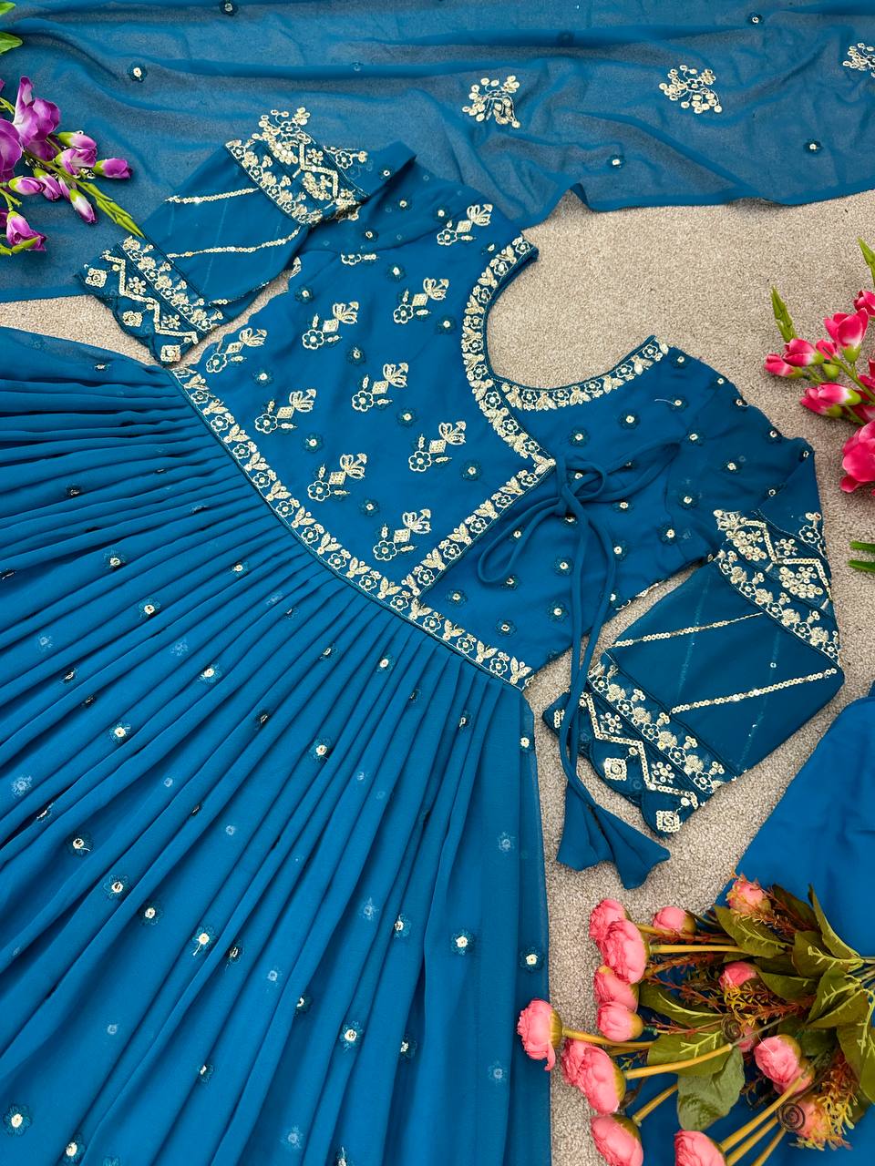 Trendy Teal Blue Color Embroidery Work Anarkali Gown