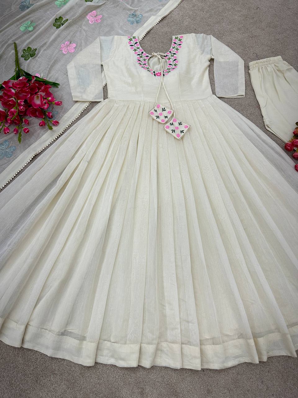 Luxuriant Off White Color Thread Work Anarkali Gown
