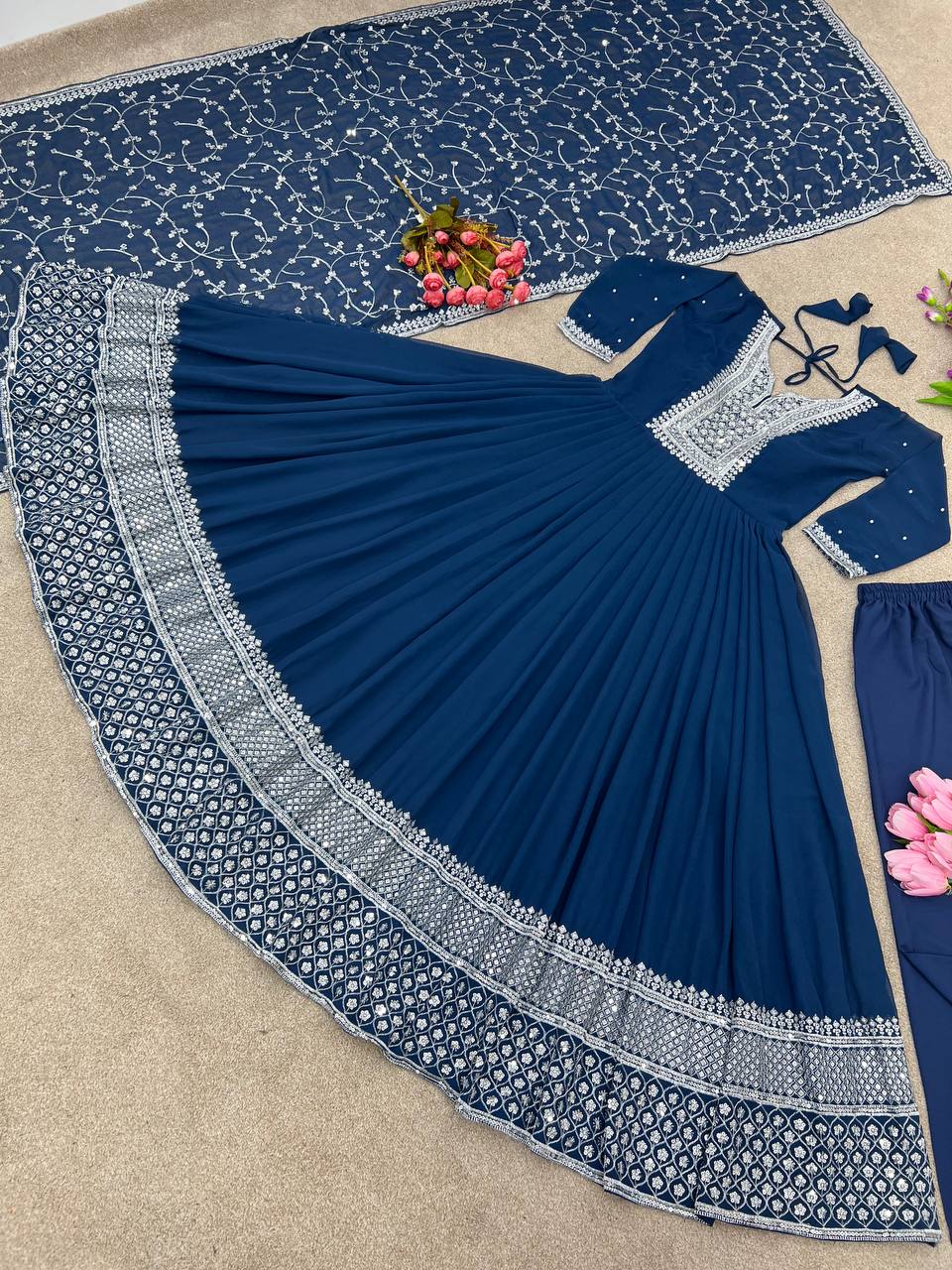 Glimmering Embroidery Sequence Work Navy Blue Color Gown