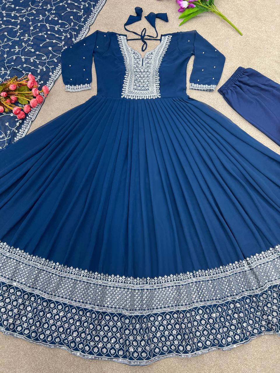 Libas - Dark blue embroidered designer gown with pleated frilled sleeves  and net dupatta with golden lace.. Available in all sizes.!! اِن شا الله  Shop will be open soon after this quarantine