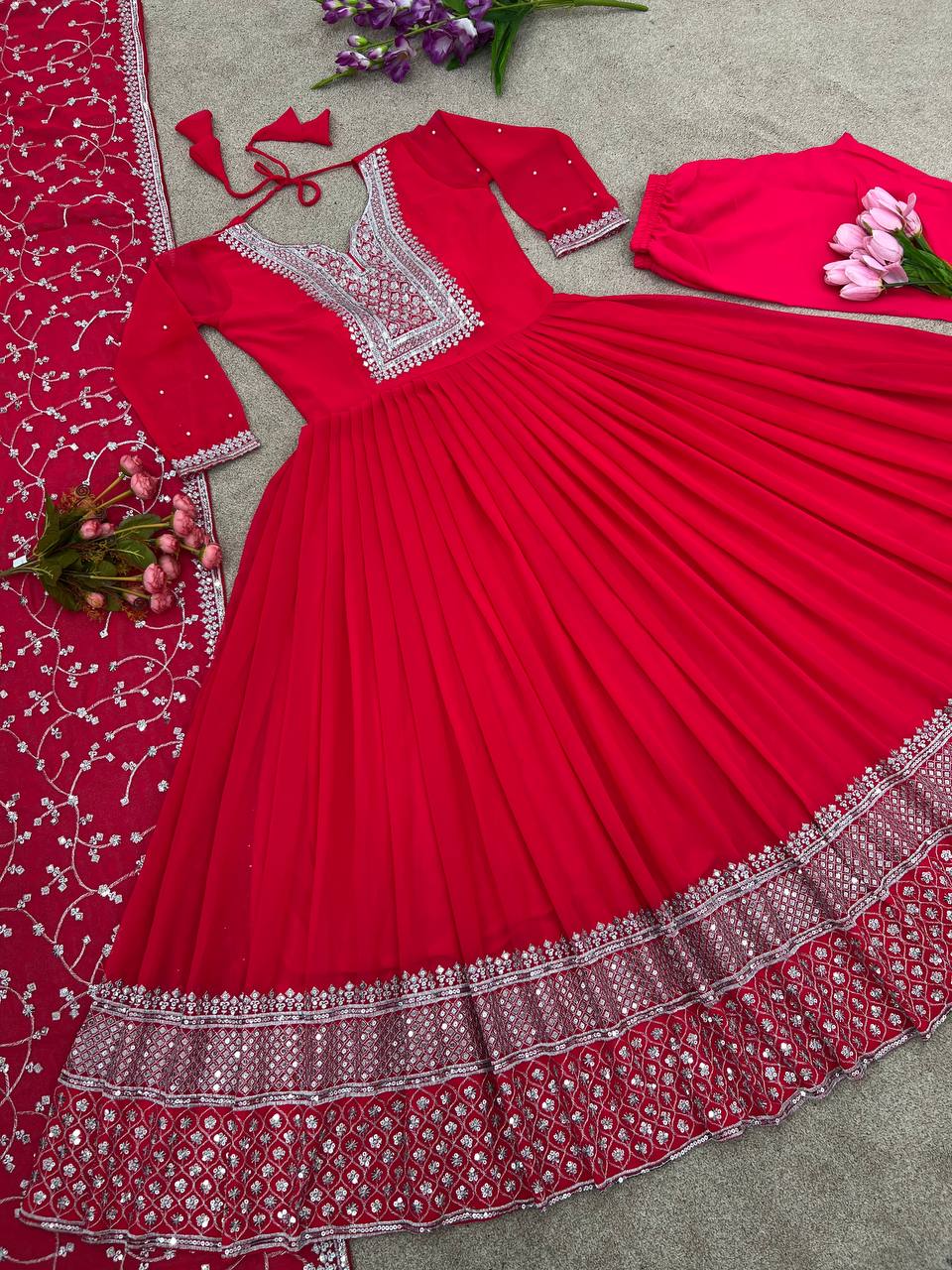 Glimmering Embroidery Sequence Work Red Color Gown