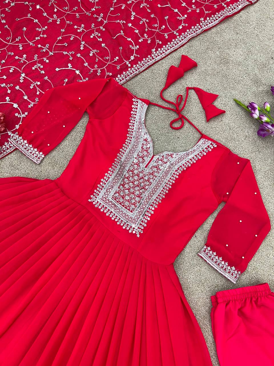 Glimmering Embroidery Sequence Work Red Color Gown