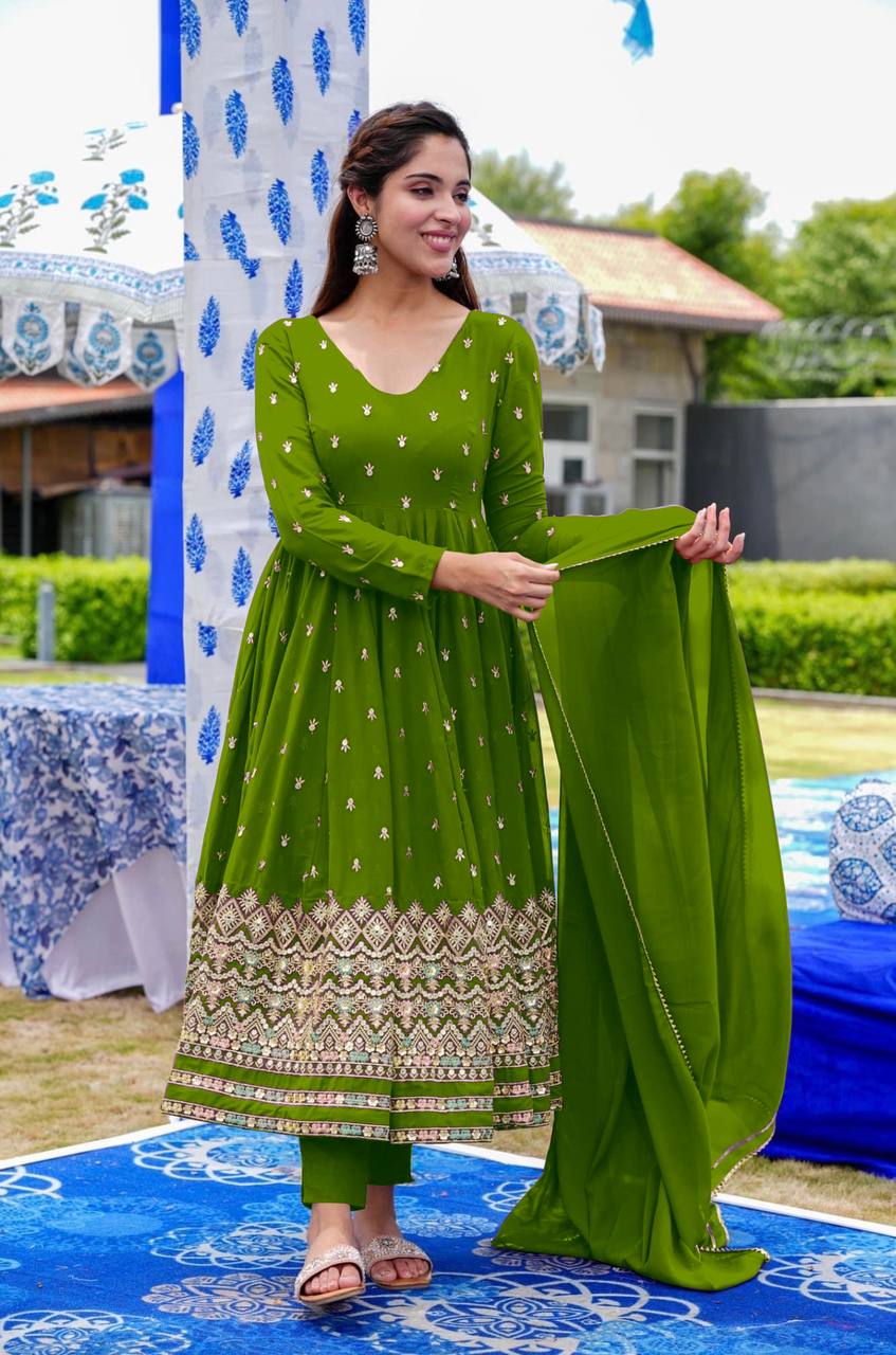 3-piece Embroidered Mehndi Green Dhanak Mareena Dress - Hayas Creation