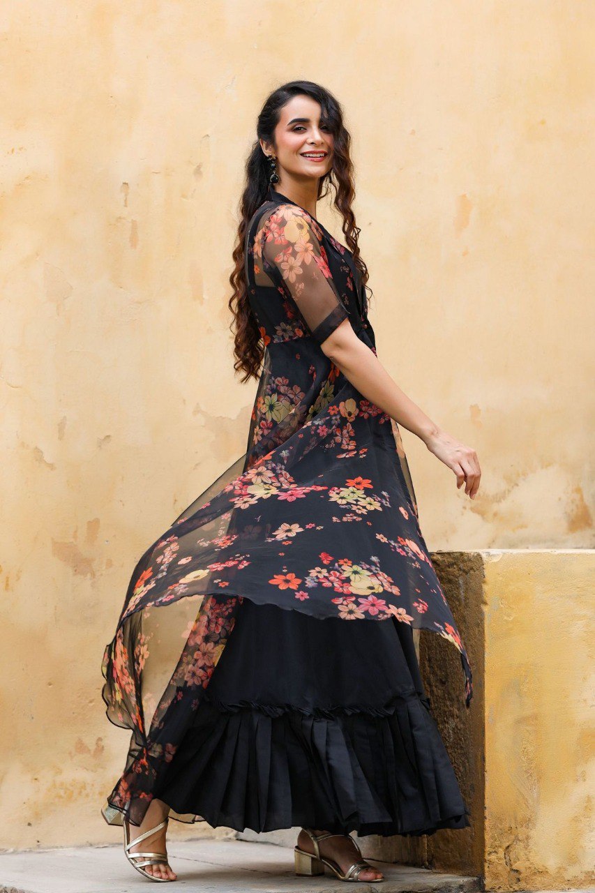 Fabulous Black Gown With Printed Organza Shrug
