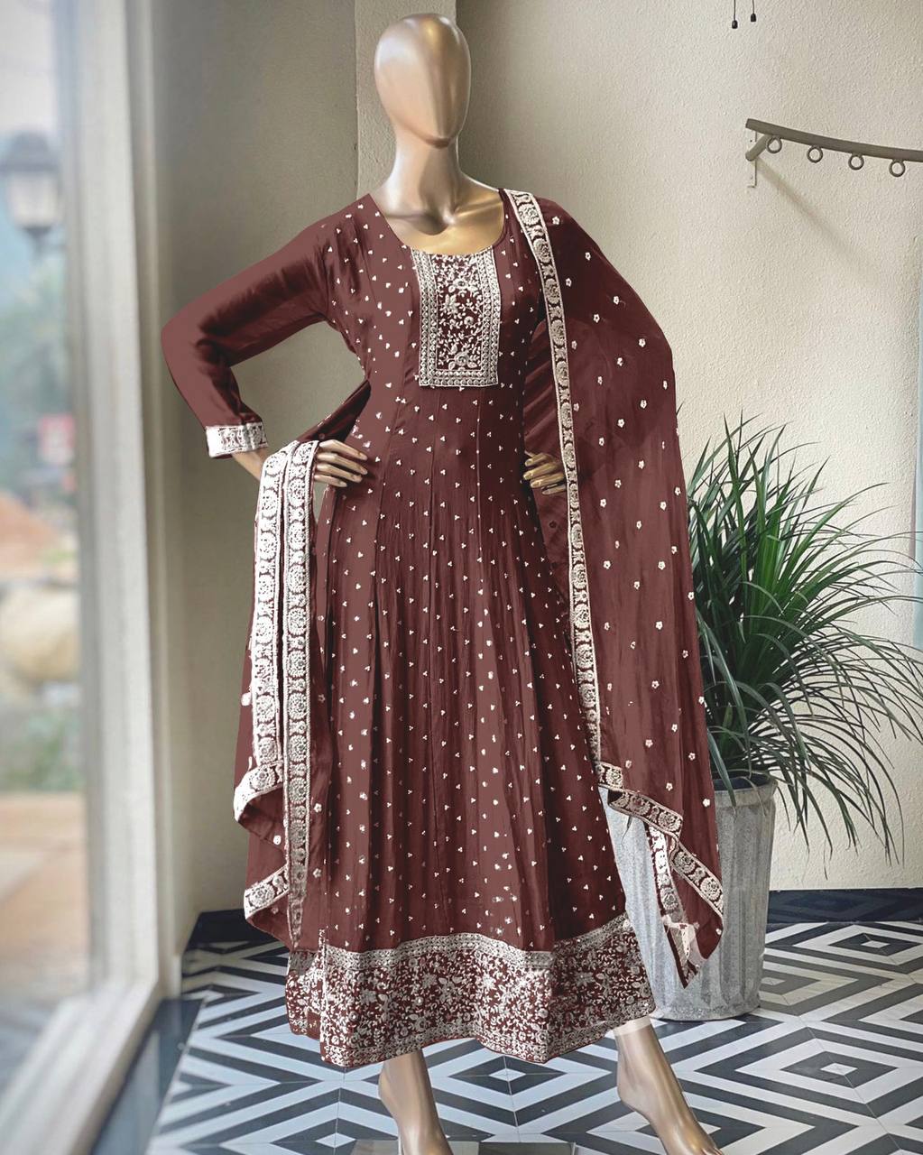 Opulent Brown Color Sequence Embroidery Work Gown