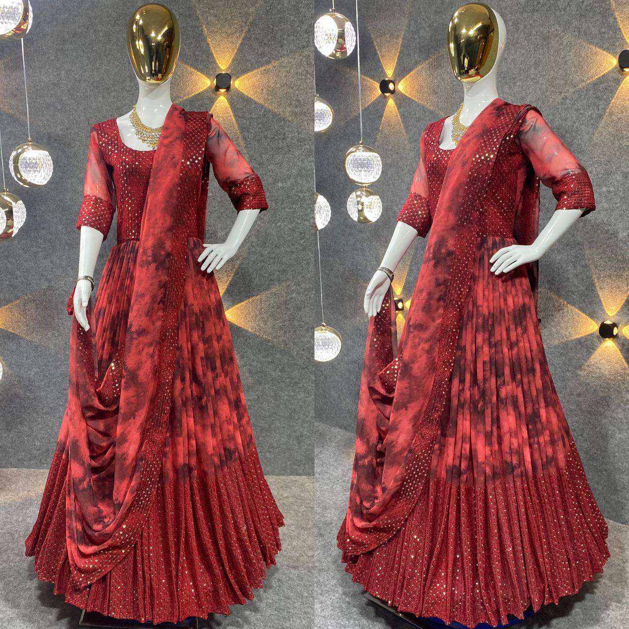 Beautiful  Red Color Georgette Embroidery Sequence Work Gown