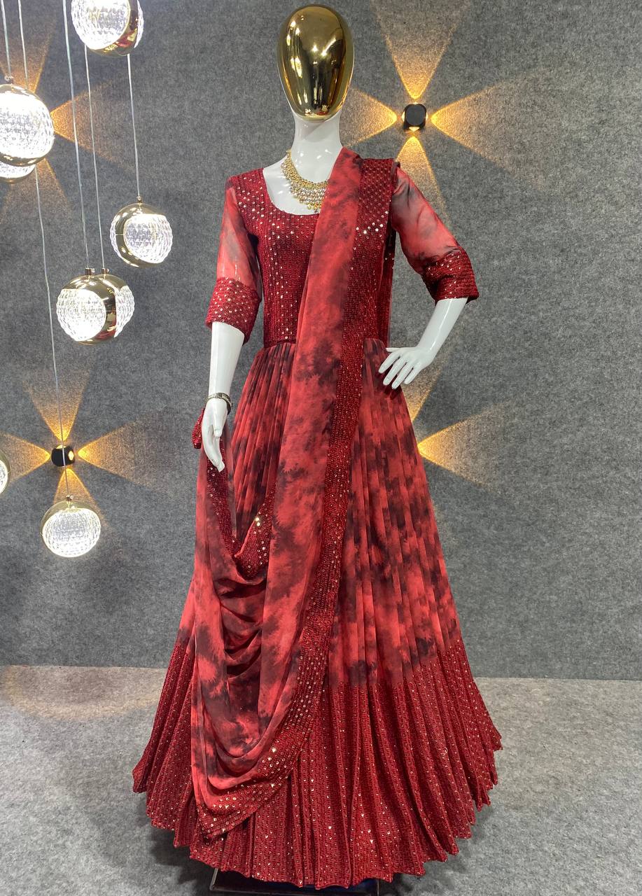 Beautiful  Red Color Georgette Embroidery Sequence Work Gown