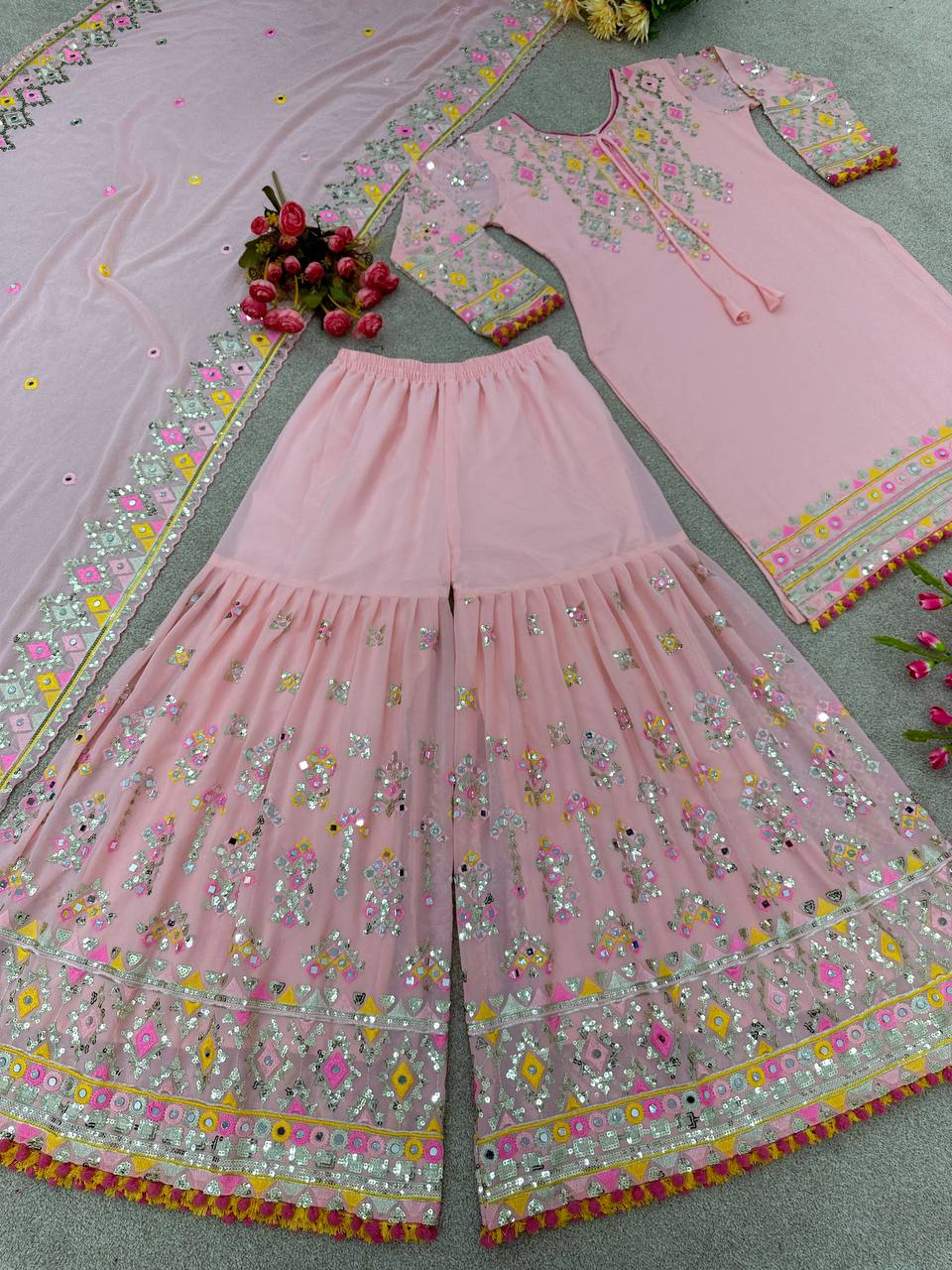 Real Mirror Handwork Light Pink Color Sharara Suit