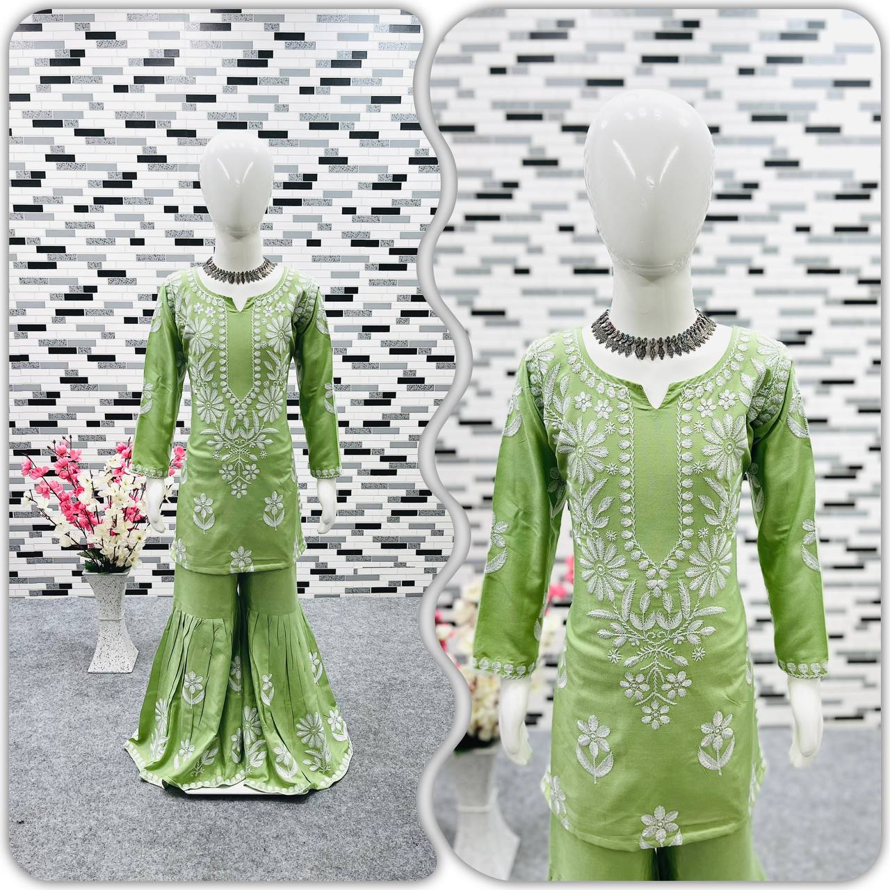 Girls Green Color Festive Wear Sharara Suit