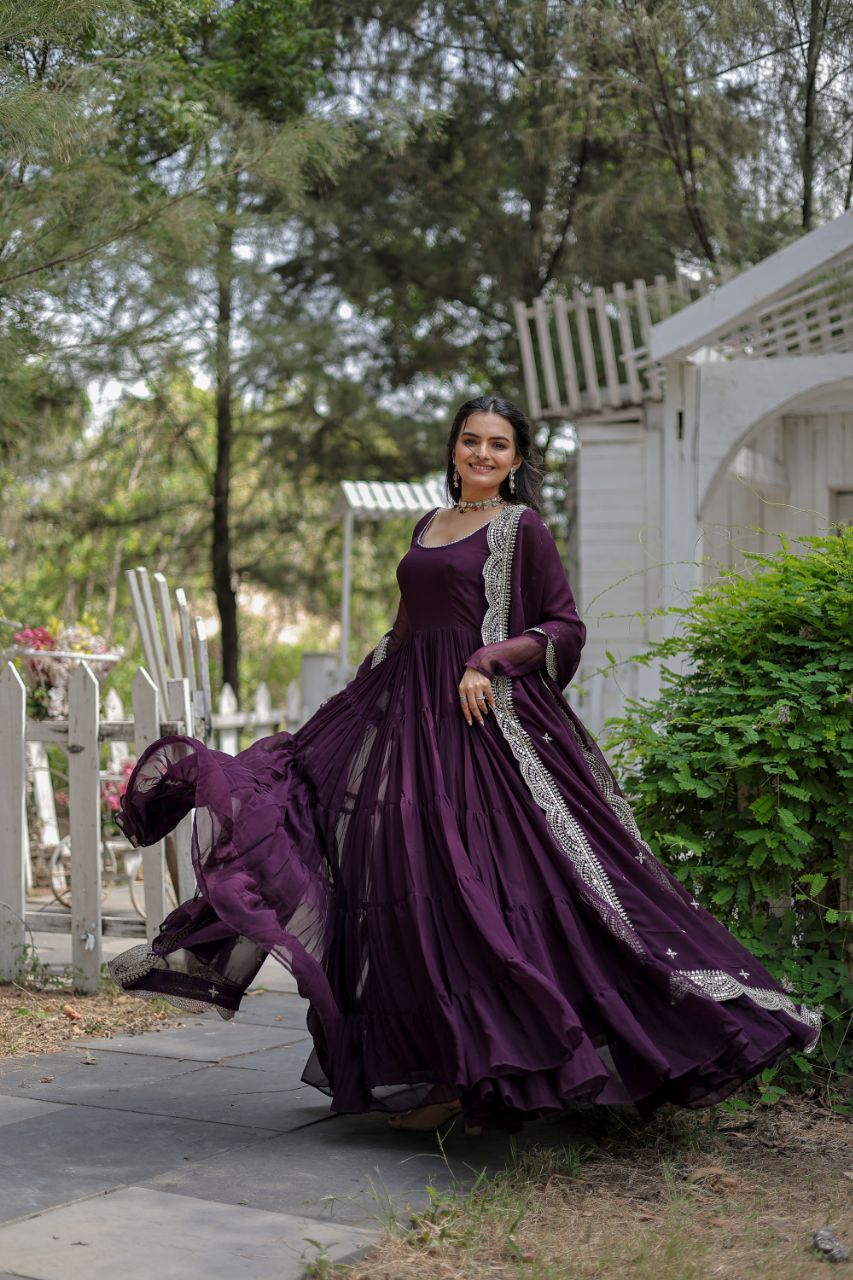 Precious Wine Color Ruffle Flare Gown With Heavy Dupatta