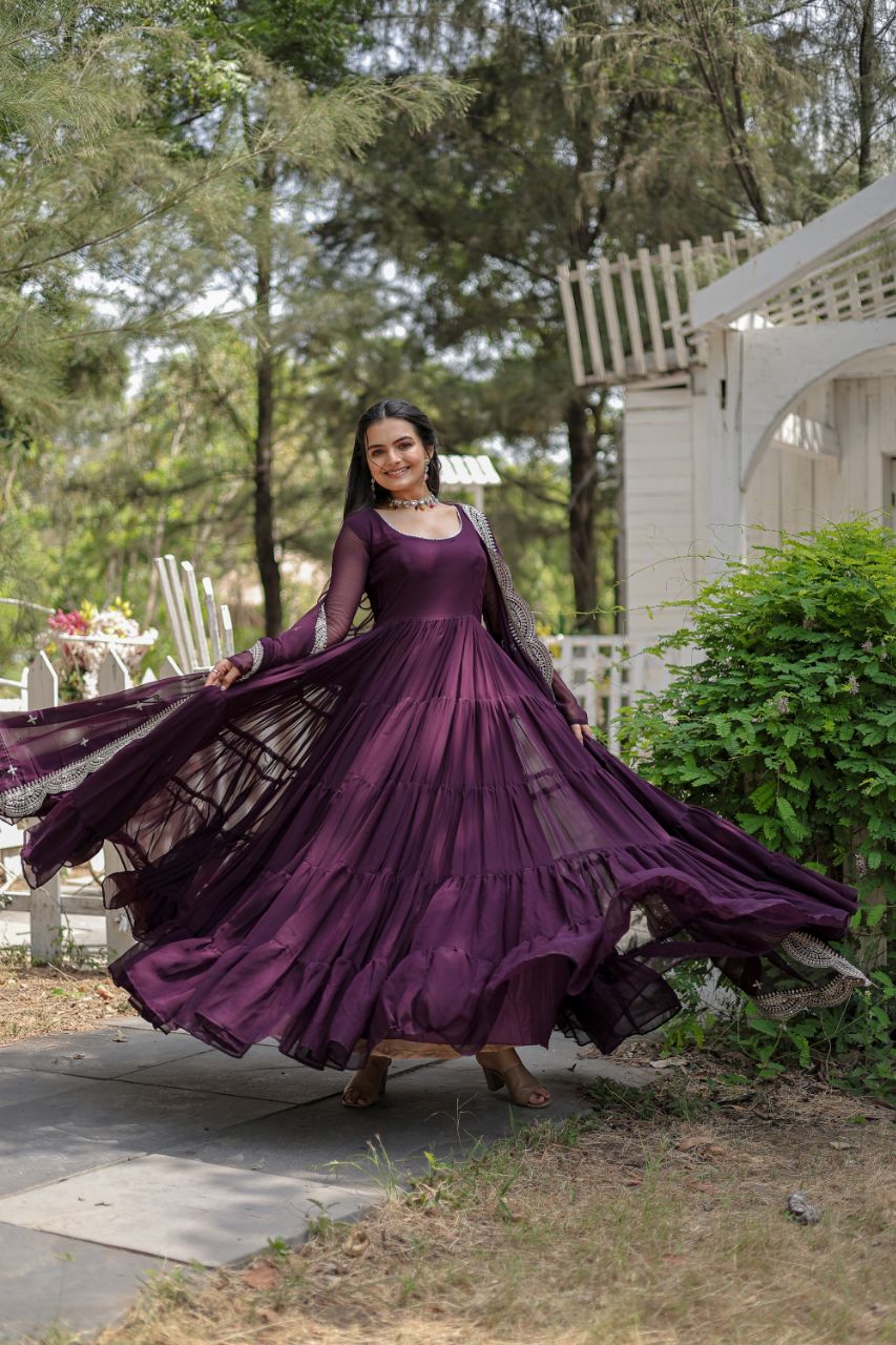 Precious Wine Color Ruffle Flare Gown With Heavy Dupatta