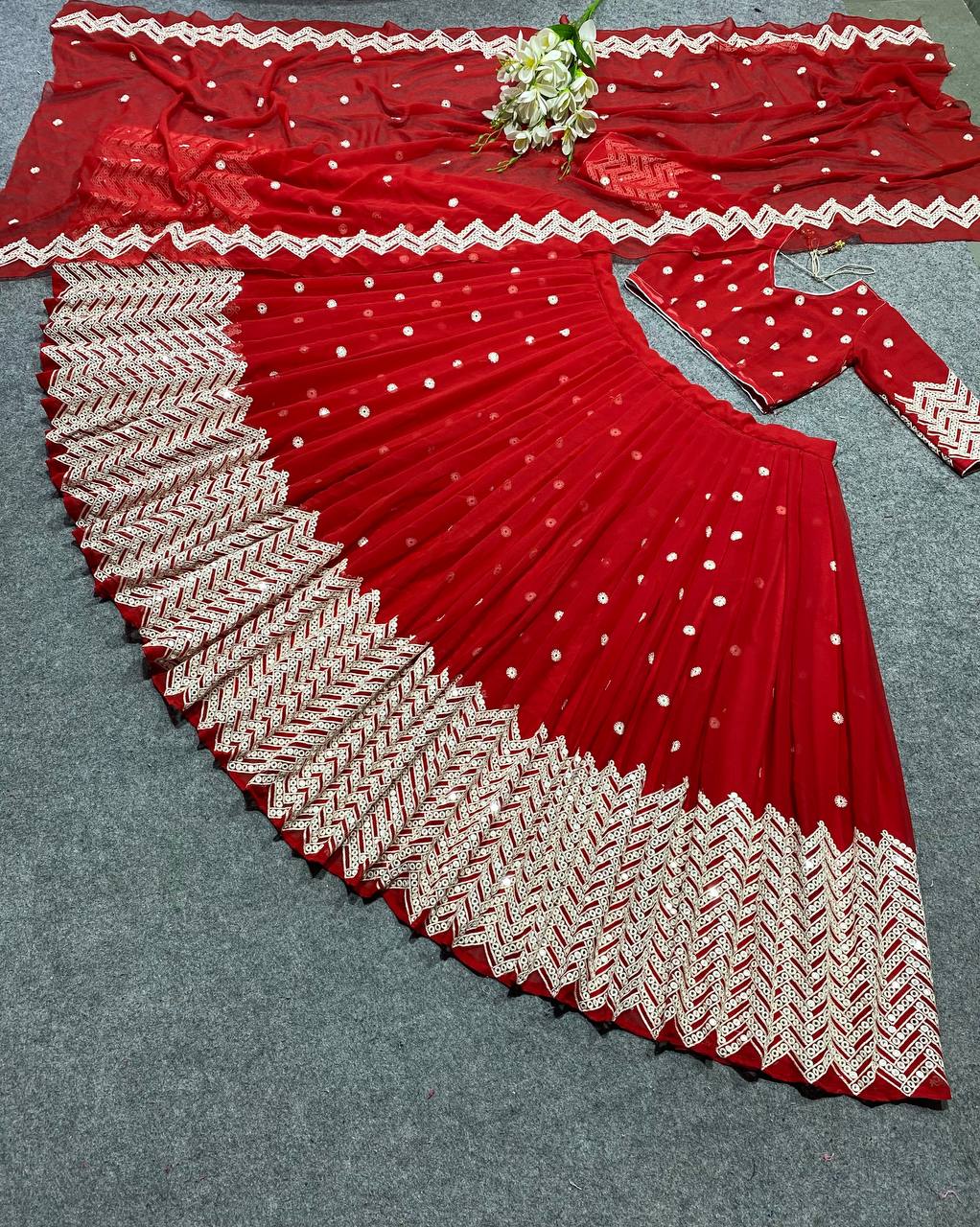 Luxuriant Red Color Georgette Sequence Embroidery Work Lehenga Choli