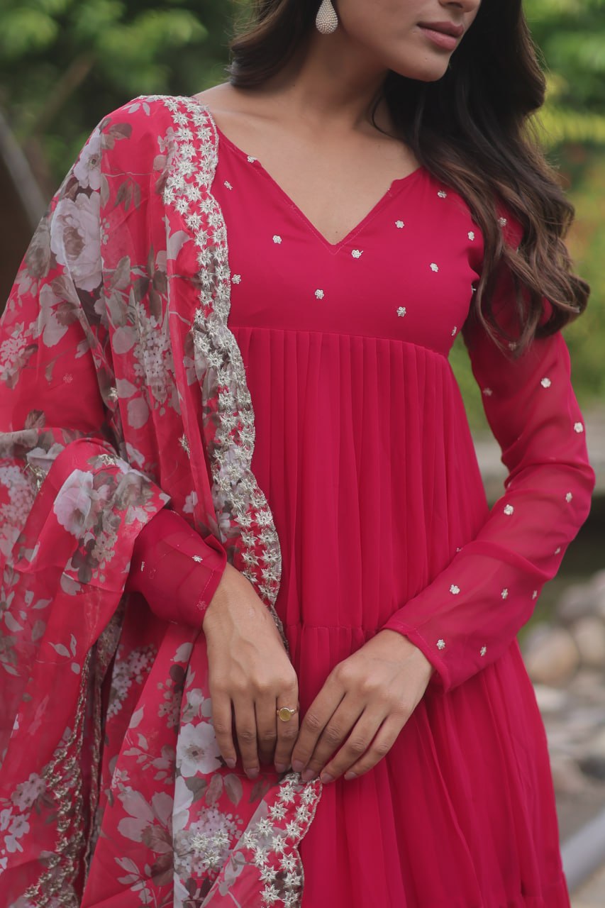 Pink Color Alia Cut Kurti Set With Rich Print Dupatta Gown