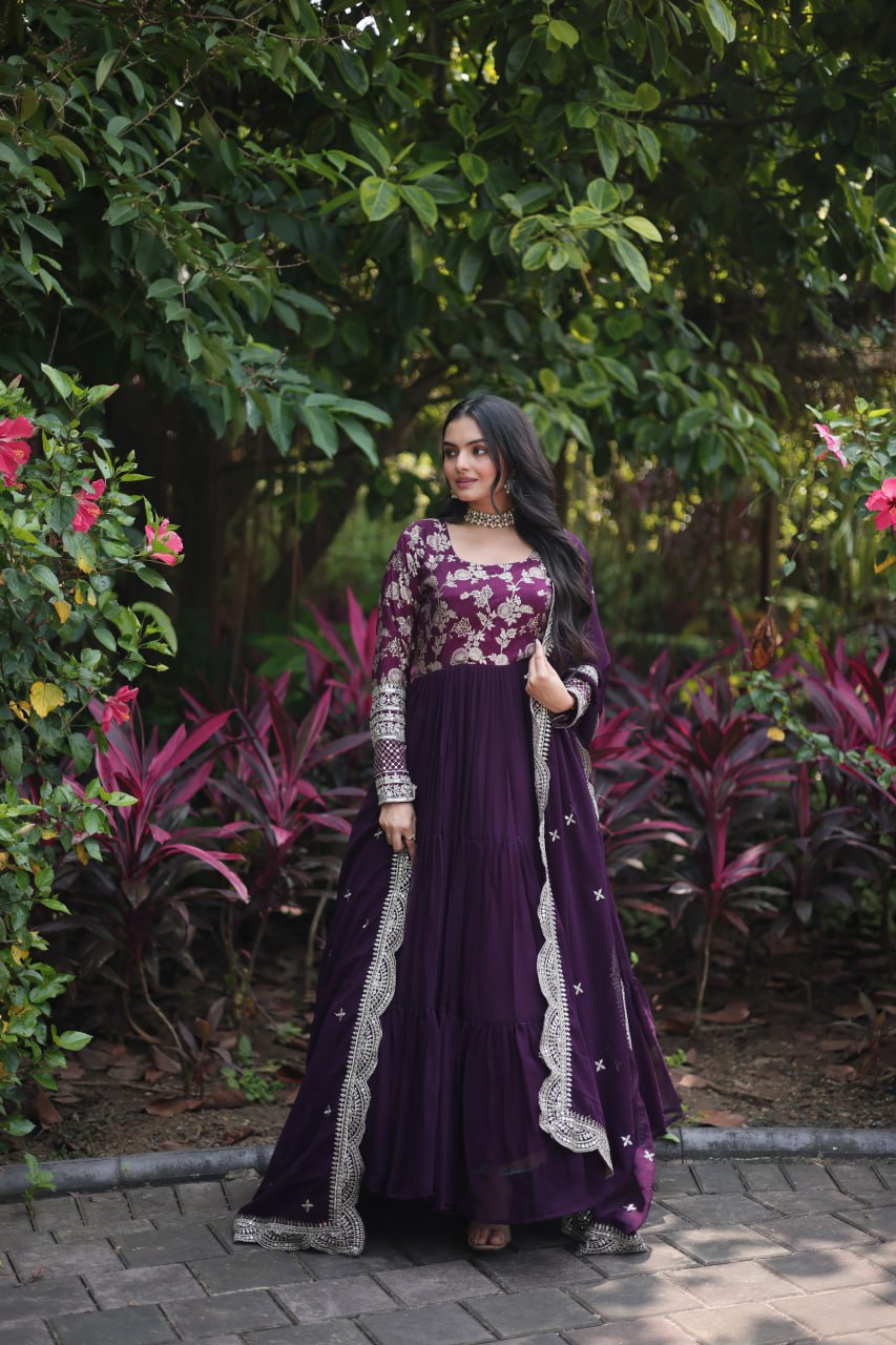 Jacquard Embroidery Work Wine Color Gown With Dupatta