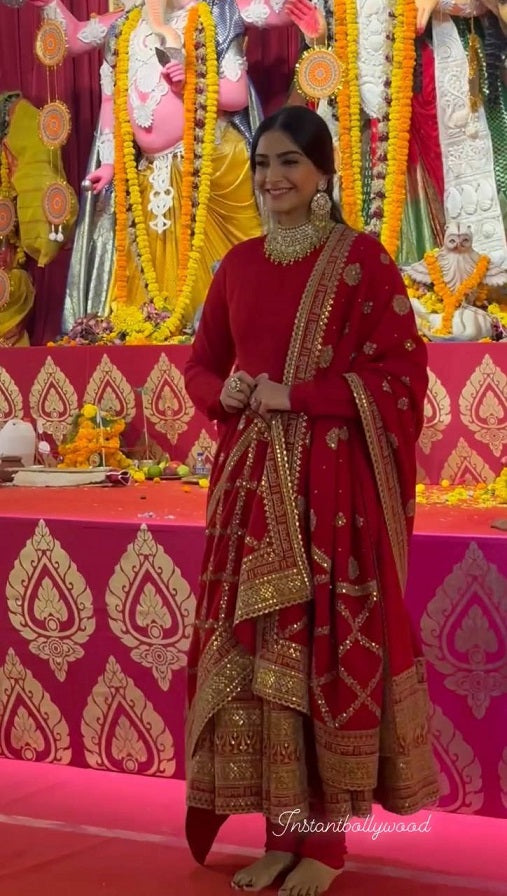 Bollywood Sonam Kapoor Wear Red Sequence Work Anarkali Gown