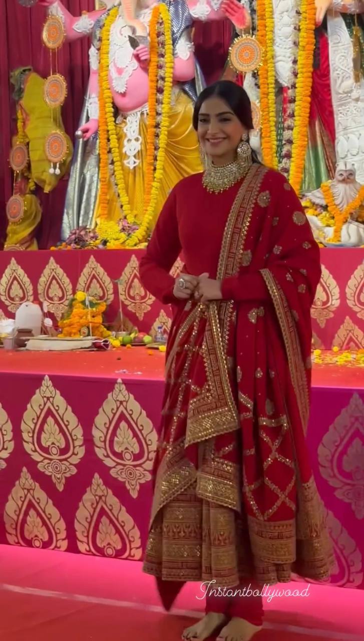 Bollywood Sonam Kapoor Wear Red Sequence Work Anarkali Gown