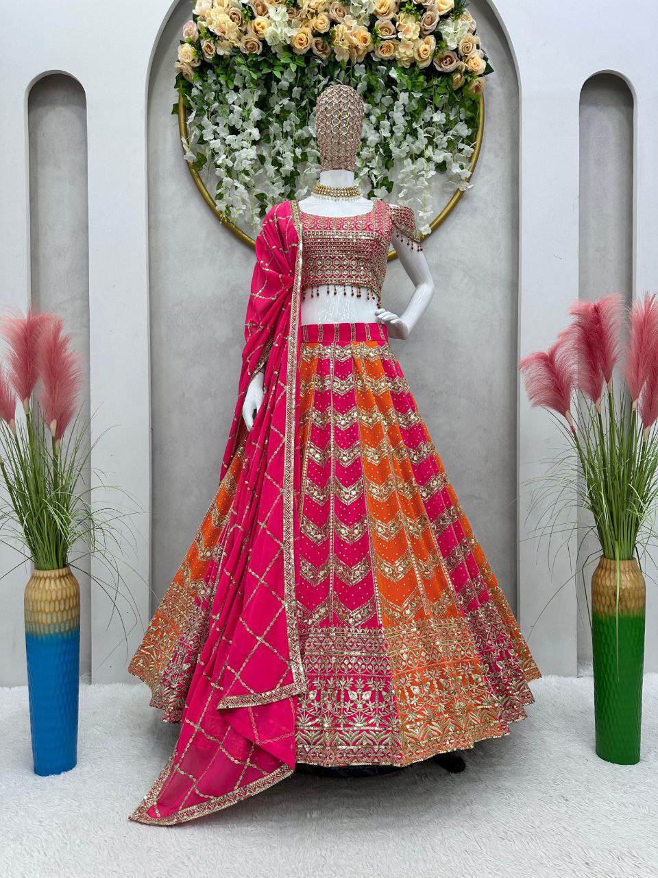 Classic Red Color Fox Georgette Sequence With Real Diamond Lehenga Choli