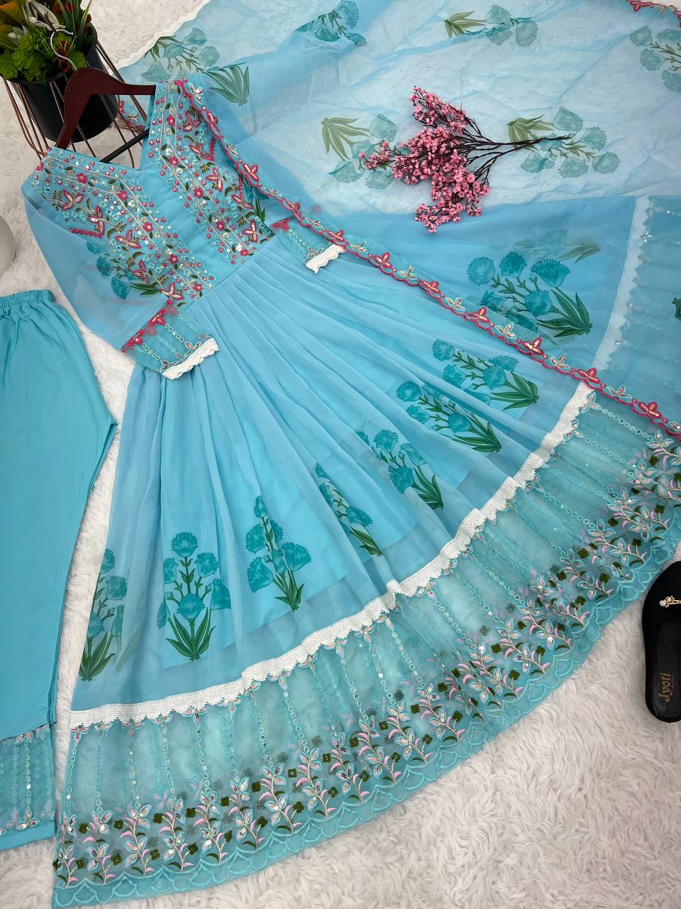 Terrific Sky Blue Color Digital Print Work Anarkali Suit