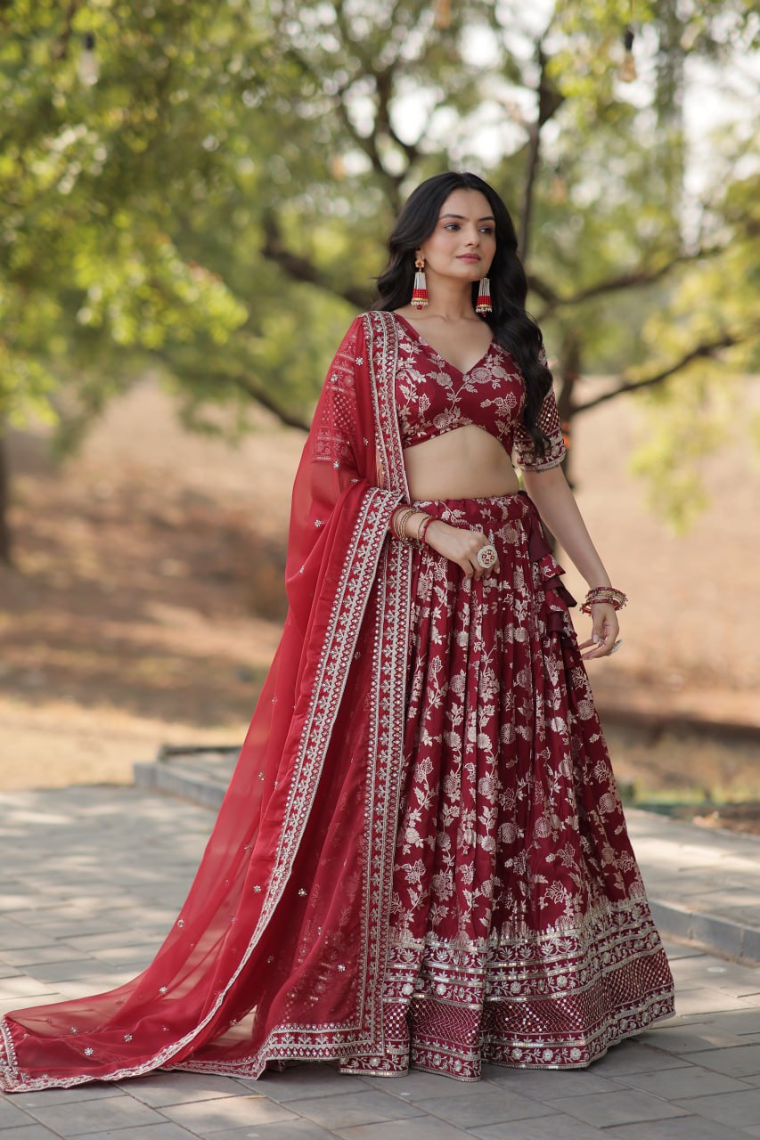 Weeding Wear Maroon Color Jacquard Embroidered Sequins Work Lehenga Choli