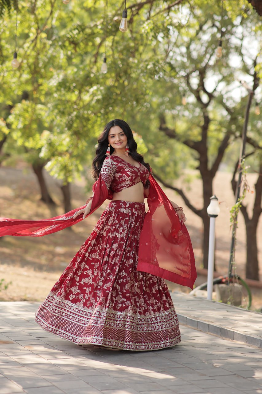 Weeding Wear Maroon Color Jacquard Embroidered Sequins Work Lehenga Choli