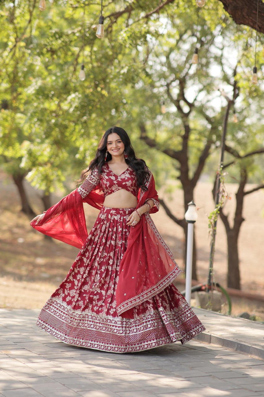 Weeding Wear Maroon Color Jacquard Embroidered Sequins Work Lehenga Choli