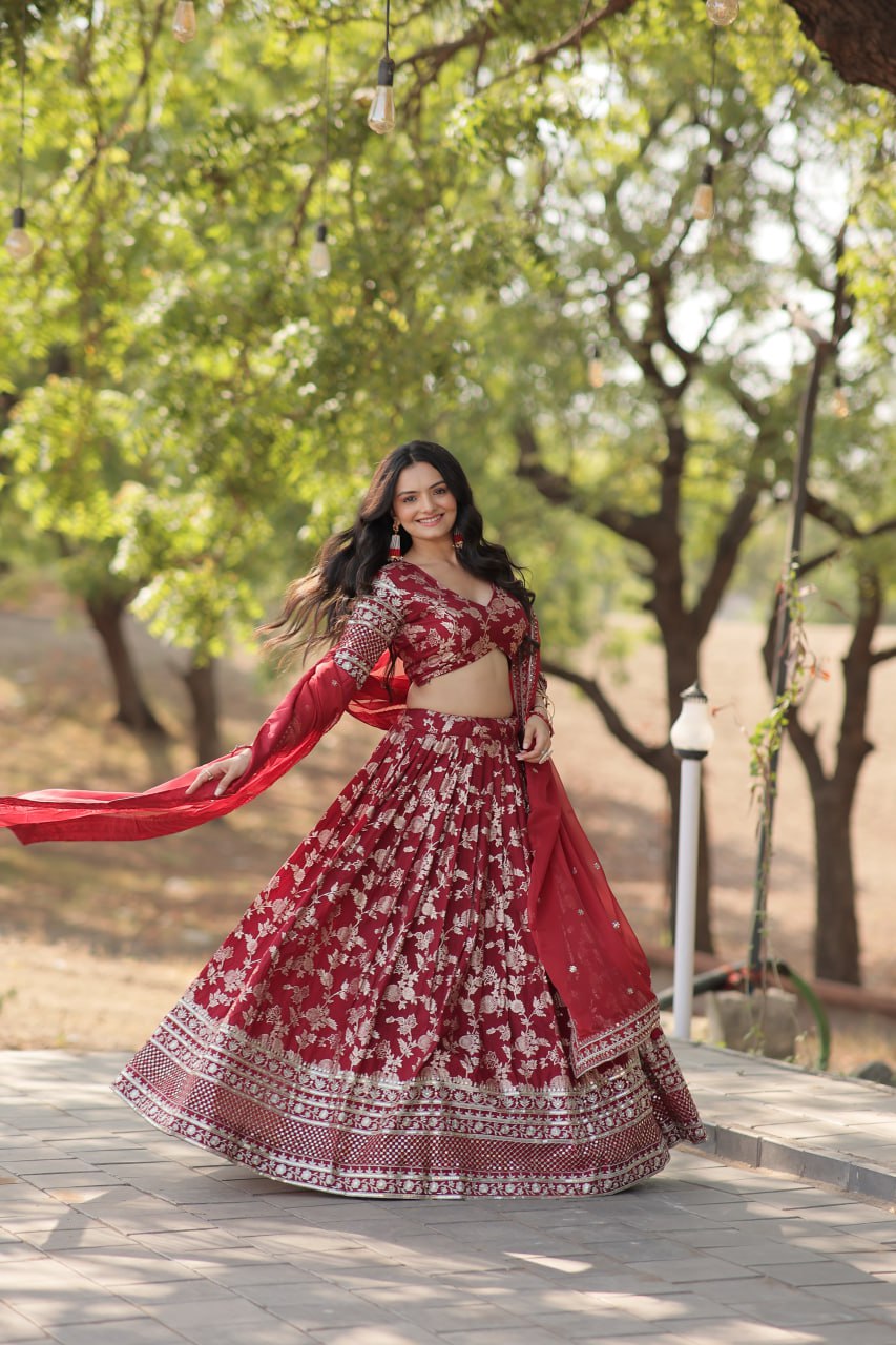 Weeding Wear Maroon Color Jacquard Embroidered Sequins Work Lehenga Choli