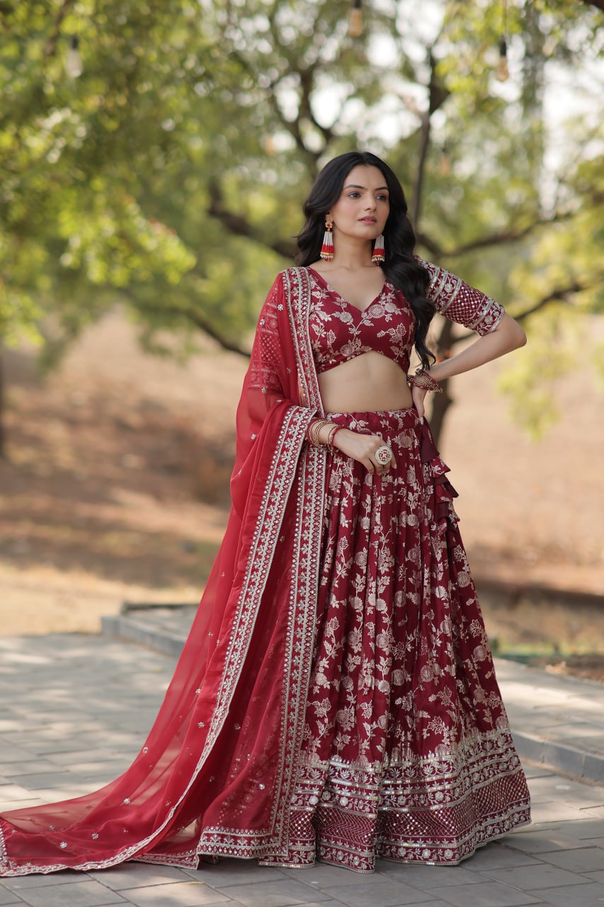 Weeding Wear Maroon Color Jacquard Embroidered Sequins Work Lehenga Choli