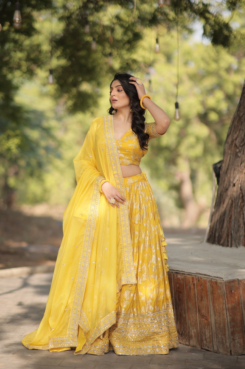 Weeding Wear Yellow Color Jacquard Embroidered Sequins Work Lehenga Choli