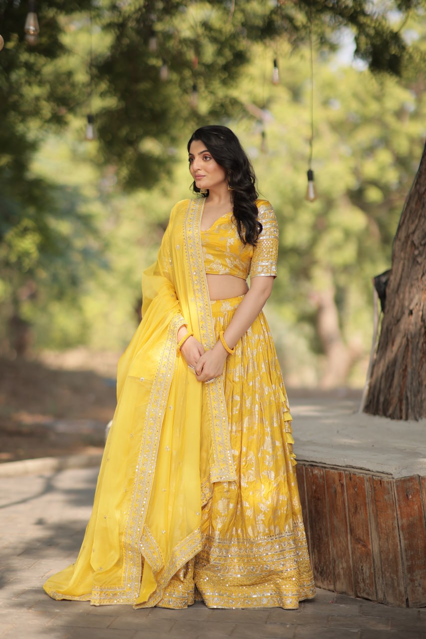 Weeding Wear Yellow Color Jacquard Embroidered Sequins Work Lehenga Choli