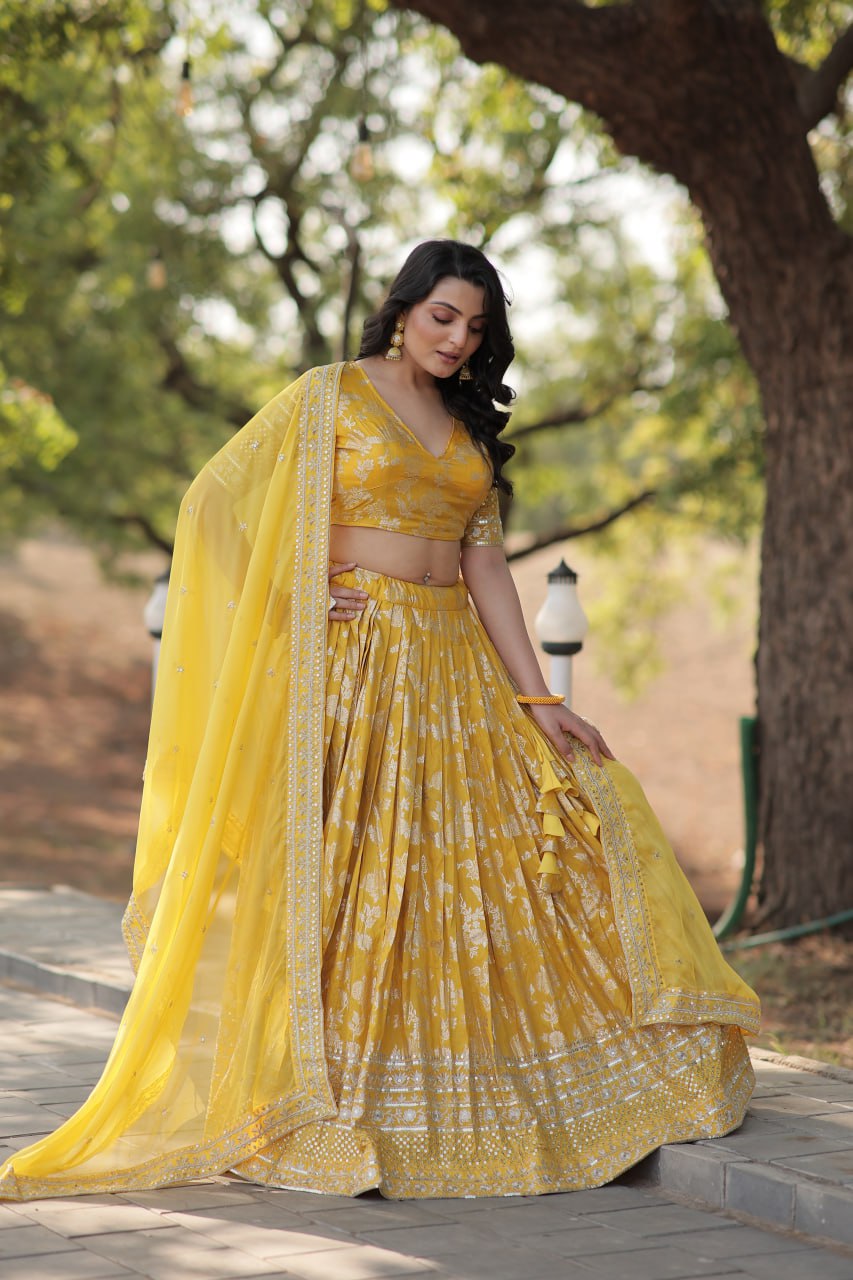 Weeding Wear Yellow Color Jacquard Embroidered Sequins Work Lehenga Choli