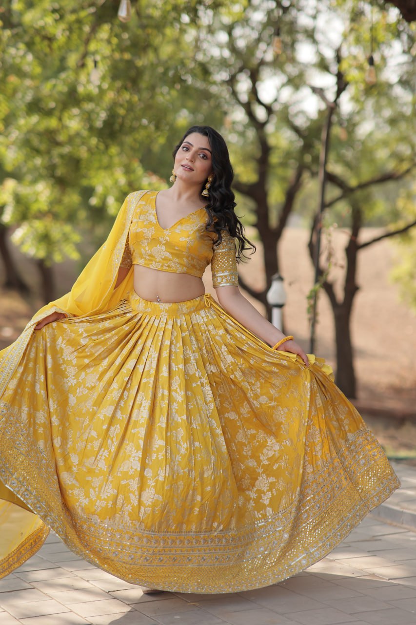 Weeding Wear Yellow Color Jacquard Embroidered Sequins Work Lehenga Choli