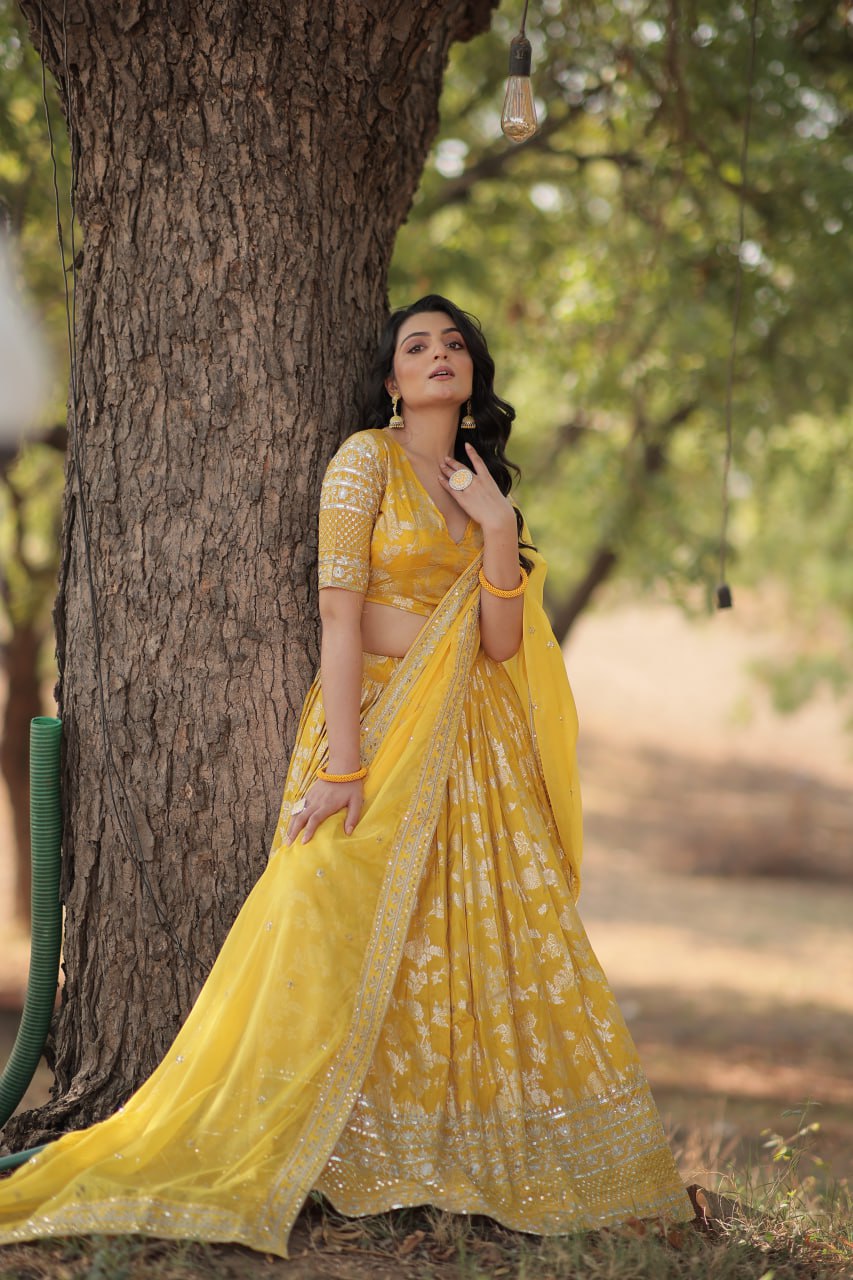 Weeding Wear Yellow Color Jacquard Embroidered Sequins Work Lehenga Choli