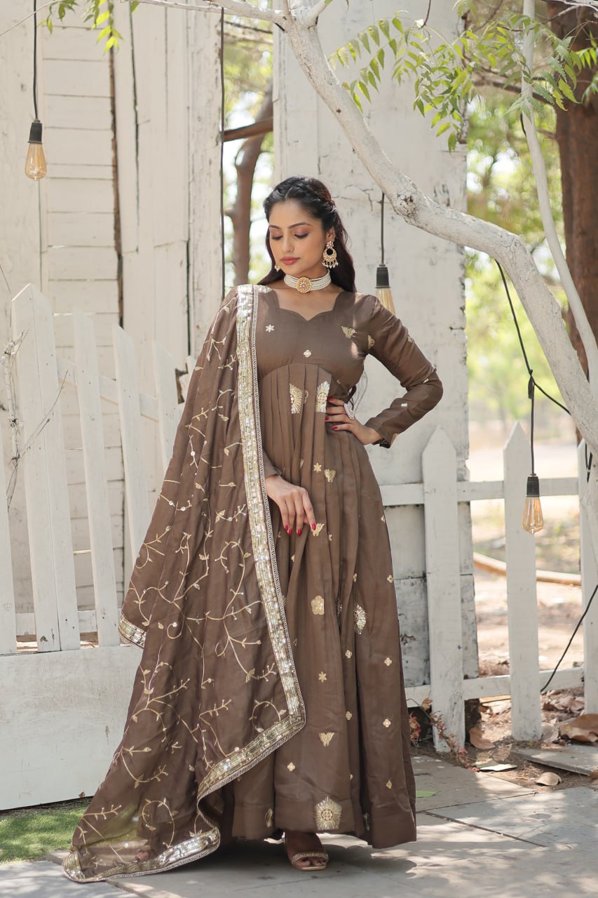 Imposing Vichitra Sequence Work Beige Color Gown