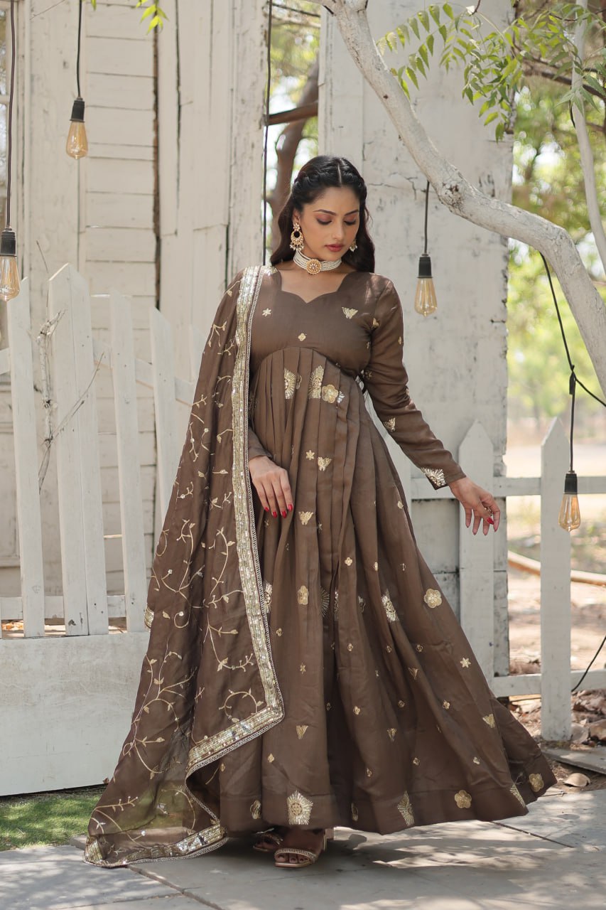 Imposing Vichitra Sequence Work Beige Color Gown