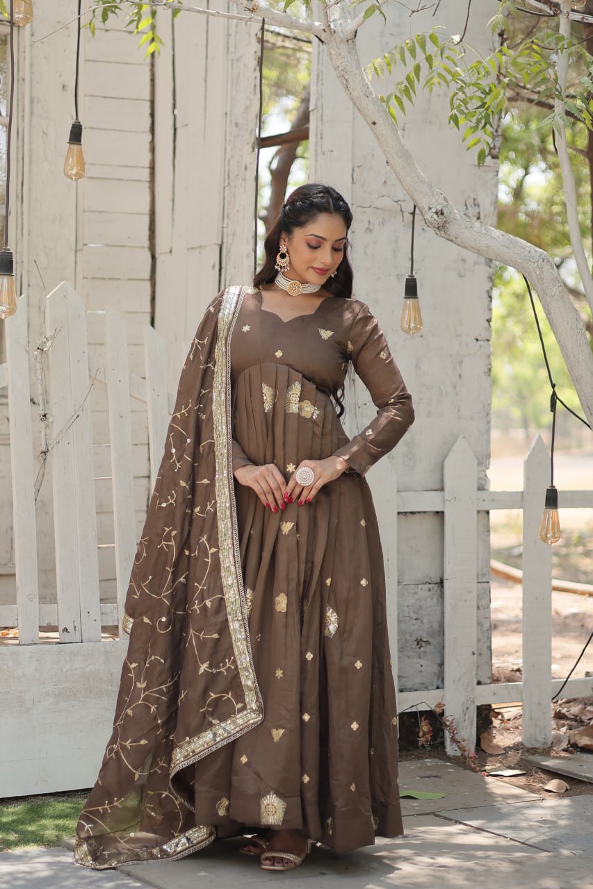 Imposing Vichitra Sequence Work Beige Color Gown