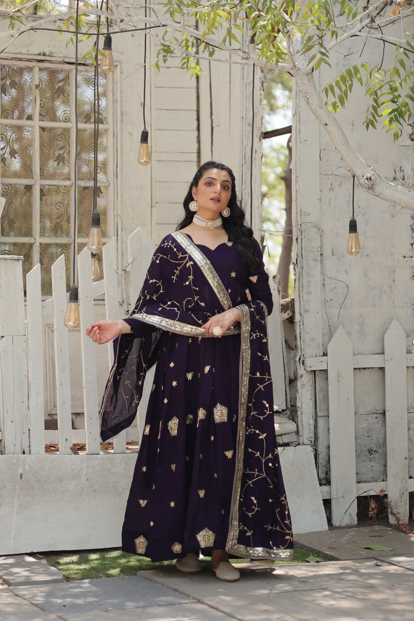 Imposing Vichitra Sequence Work Wine Color Gown