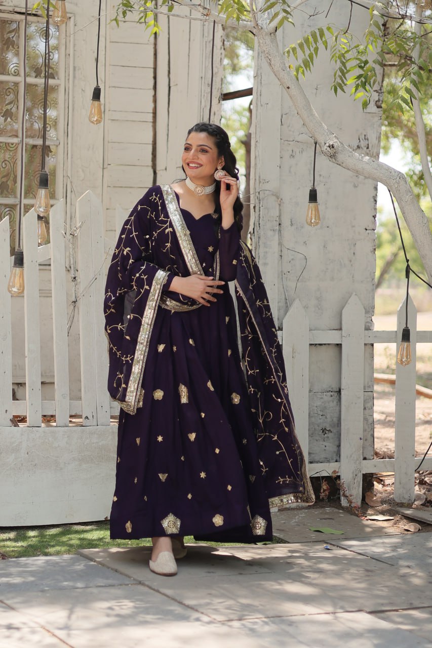 Imposing Vichitra Sequence Work Wine Color Gown