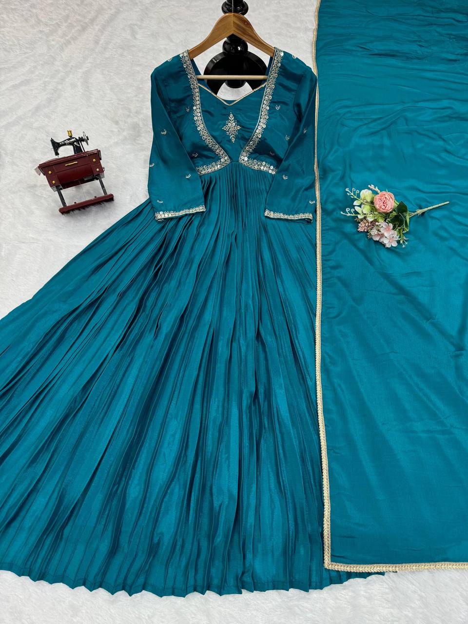 Luxuriant Aqua Blue Color Thread with Sequence Anarkali Gown