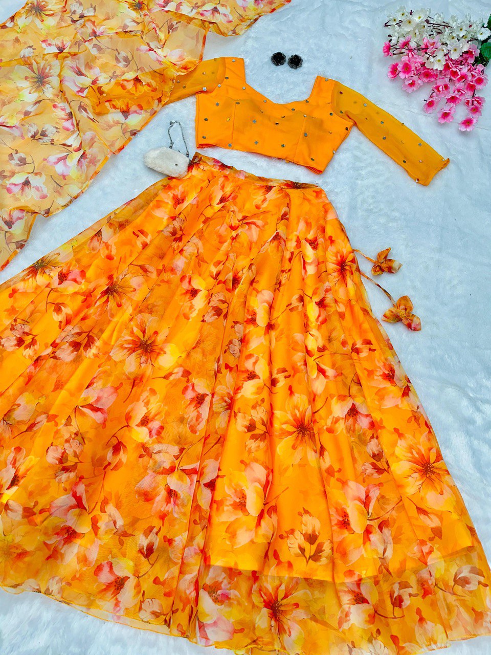 Flower Print Yellow Fully Stitched Organza Silk Lehenga Choli