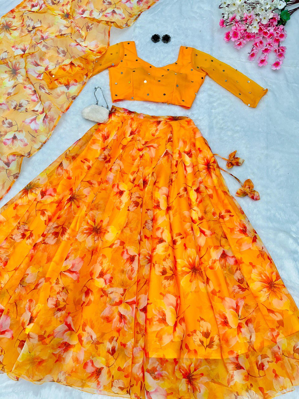 Flower Print Yellow Fully Stitched Organza Silk Lehenga Choli